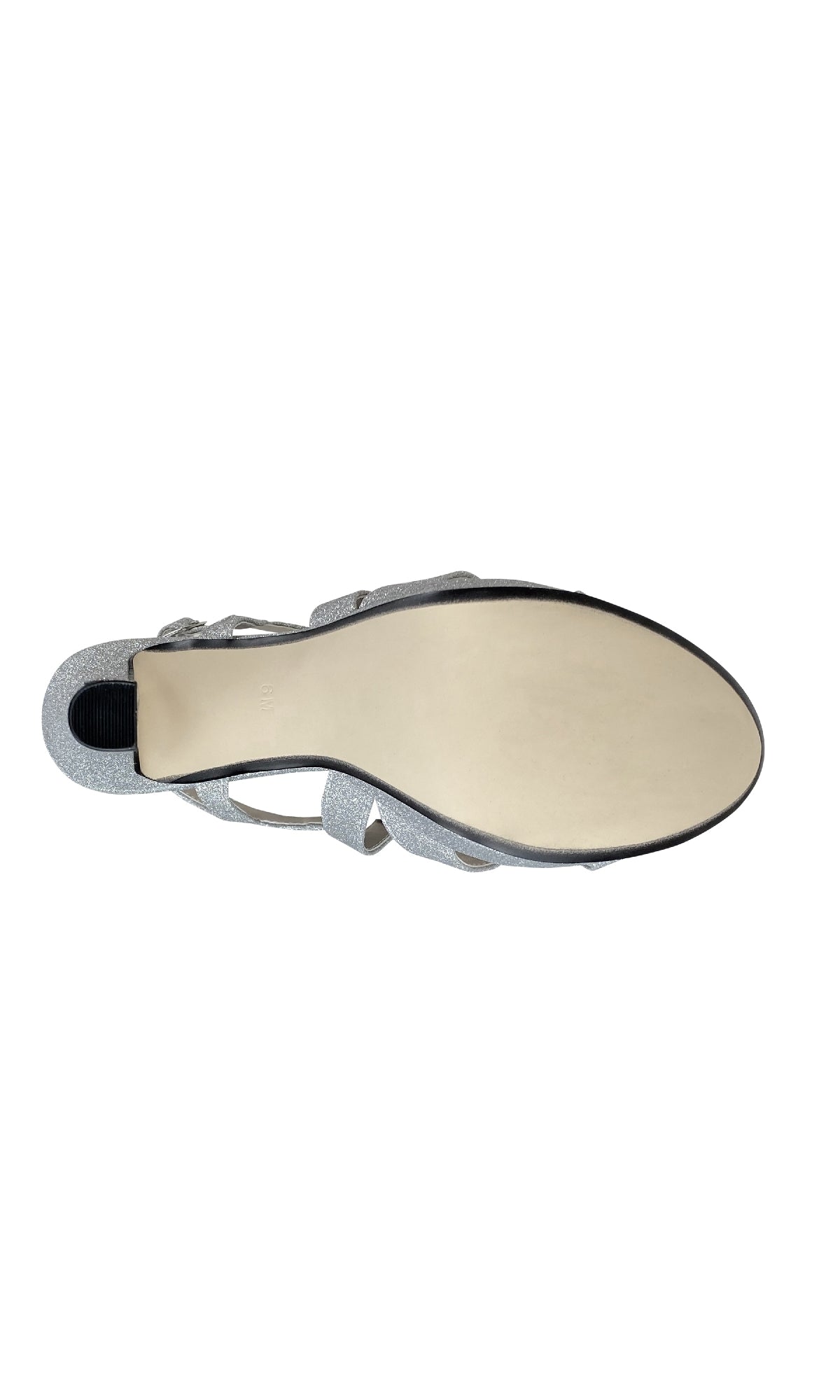 The image displays the bottom view of the Queenie Silver Glitter Prom Shoes: Touch Ups 4222, featuring an open-toe heel, light-colored sole, black heel tip, and a stylish buckle closure.
